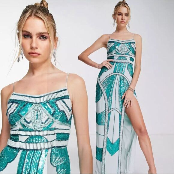ASOS DESIGN Beaded Sequin Gown Balaeric Embellished Maxi Dress Blue Green US 2 - Picture 1 of 14